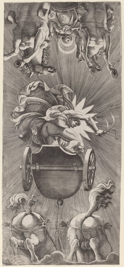 Auringon lasku Apollon ja Dianan vaunujen kanssa tekijältä Adamo Scultori after Giulio Romano