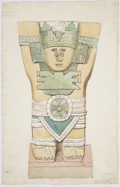 Caryatid III, ulkokammio, Jaguaarien ylempi temppeli (temppeli A), Chichen Itza, Meksiko (akvarelli) tekijältä Adela Breton