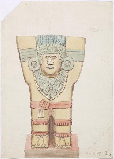 Caryatid I, ulkokammio, Jaguaarien ylempi temppeli (temppeli A), Chichen Itza, Meksiko (akvarelli) tekijältä Adela Breton