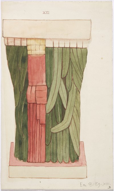 Caryatid ulkokammiosta, Temple A, Ball Court Temple, Chichen Itza, Meksiko (akvarelli) tekijältä Adela Breton