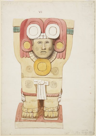 Karyatidi ulkokammiosta, Temple A, pallokenttä, Chichen Itza, Meksiko (akvarelli) tekijältä Adela Breton