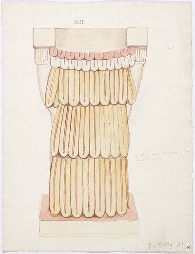 Karyatidi ulkokammiosta, Temple A, pallokenttä, Chichen Itza, Meksiko (akvarelli) tekijältä Adela Breton
