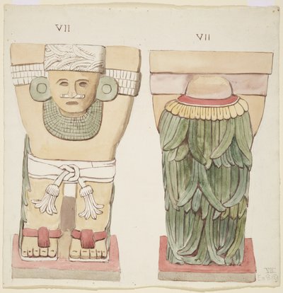Karyatidi ulkokammiosta, Temple A, pallokenttä, Chichen Itza, Meksiko (akvarelli) tekijältä Adela Breton
