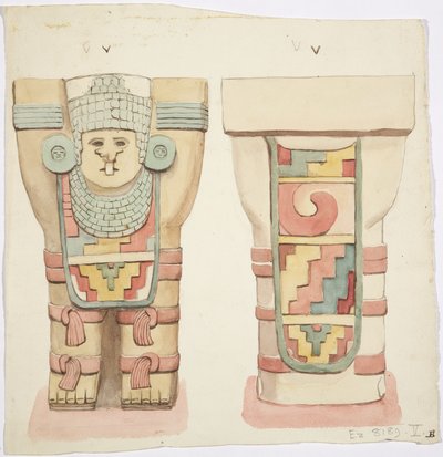 Karyatidi ulkokammiosta, Temple A, pallokenttä, Chichen Itza, Meksiko (akvarelli) tekijältä Adela Breton