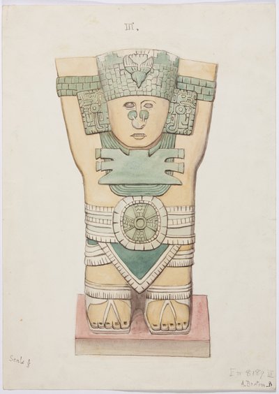 Karyatidi ulkokammiosta, Temple A, pallokenttä, Chichen Itza, Meksiko (akvarelli) tekijältä Adela Breton