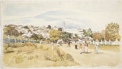 Miehet, naiset ja lapset kävelevät tietä pitkin kylä taustalla, Jalapa (Xalapa) Veracruz, Meksiko (akvarelli) tekijältä Adela Breton