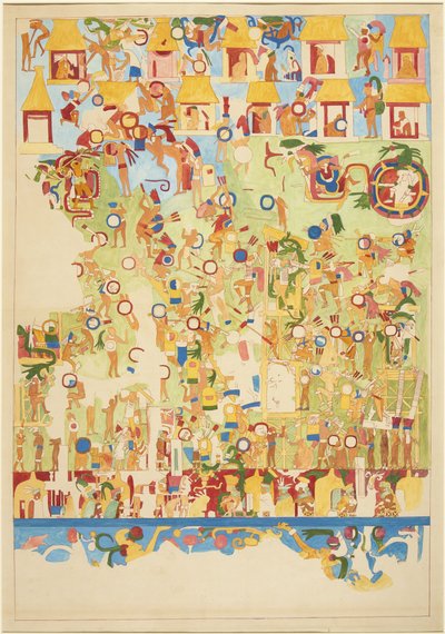Neljänneskokoinen kopio seinämaalauksesta Jaguaarien ylemmän temppelin eteläseinästä, Chichen Itza, Meksiko (akvarelli) tekijältä Adela Breton