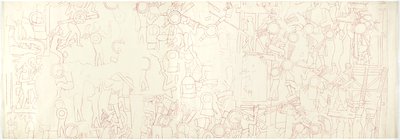 Eteläseinä, Jaguaarien ylempi temppeli, Chichen Itza, Meksikon eteläinen keskuskortteli (punainen muste ja grafiitti) tekijältä Adela Breton