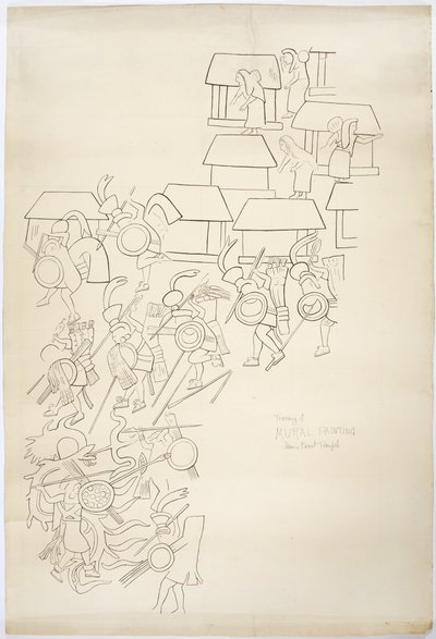 Länsimuurin seinämaalauksen jäljitys, Jaguaarien ylempi temppeli, Chichen Itza, Meksiko Jäljitys on musteella päällä (musta muste ja grafiitti) tekijältä Adela Breton