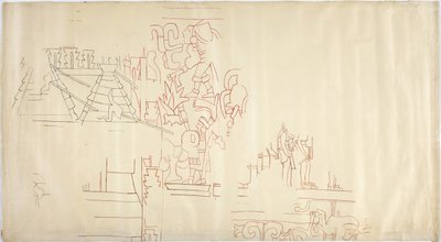 Seinämaalauksen jäljitys Casa de Monjasista, Chichen Itzasta, Meksikosta Jäljitetty ja mustetettu mustalla ja punaisella musteella (punainen ja musta muste ja grafiitti) tekijältä Adela Breton