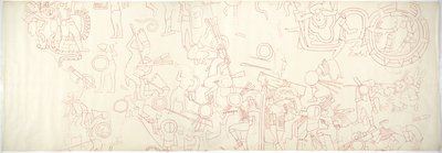 etelämuuri, Jaguaarien ylempi temppeli, Chichen Itza, Meksikon pohjoinen keskuskortteli (punainen muste ja grafiitti) tekijältä Adela Breton