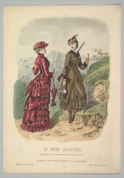Nainen metsästysasussa ja nainen kävelyasussa vuoristopolulla La Modesta..., 1881. tekijältä Adèle Anaïs Colin