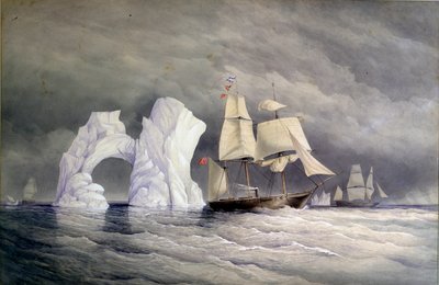 Brittiläiset alukset Phoenix, Talbot ja Diligence ylittävät jäävuoren (Arktinen Kanada). Akvarelli (58x88 cm), tekijä Edward Augustus Inglefield (1820-1894). tekijältä Admiral Edward Augustus Inglefield