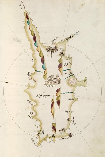 Kyproksen saaren kartta, kuvitus Portolanon kartasta, amiraali Piri Reis (1465-1470 - 1553-1554) tekijältä Admiral Piri Reis