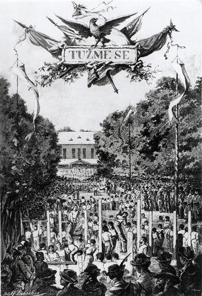"Tuzmese" (ponnistus), sokolien ensimmäinen tapaaminen Prahassa tekijältä Adolf (after) Liebscher