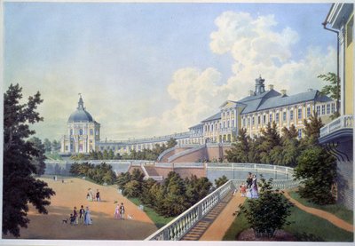 Suuri Oranienbaumin palatsi (Venäjän kuninkaallinen asuinpaikka), joka sijaitsee Lomonossovissa Pietarin taajamassa (Upea Oranienbaumin palatsi). Adolf Bezemannin (1806-1867) maalaus. akvarelli paperille tekijältä Adolf Besemann