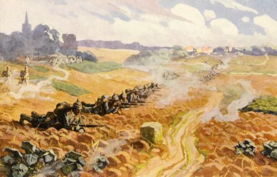 Preussin linjan jalkaväki hyökkäyksessä (väri litho) tekijältä Adolf Closs