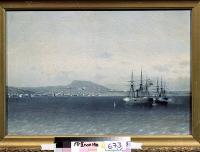 Venäjän-Turkin (Venäjä-Turkin) sota 1877-1878: ""Theodosian (tai Feodosian) kaupunki Krimillä, jota Turkin laivasto pommitti vuonna 1878" (Turkin laivasto pommitti Feodosian kaupunkia vuonna 1878) Adolfin maalaus Fessler (1826-1885) 1878 osavaltio Tretjako tekijältä Adolf Fessler