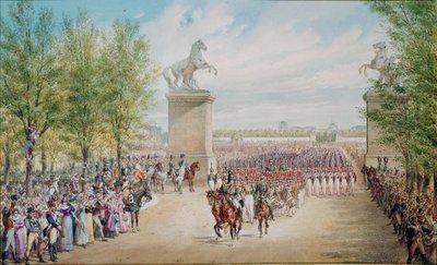 Tsaari Aleksanteri I (1777-1825) kiipeää Champs Elysees -vuorelle armeijansa kanssa Pariisissa vuonna 1814. Adolf Charlemagnen (1827-1901) maalaus tekijältä Adolf Jossifowitsch Charlemagne