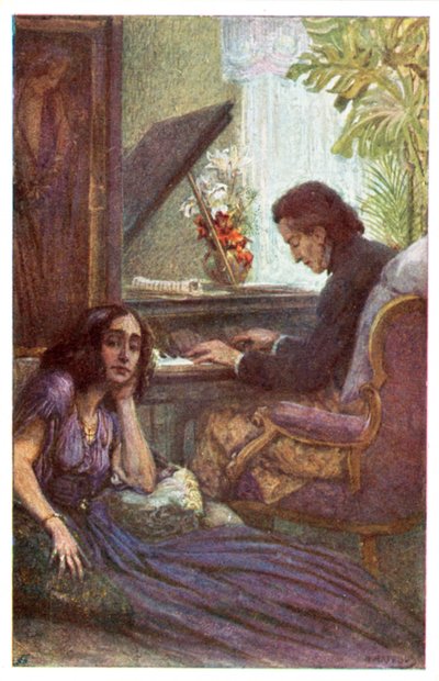 Muusikko ja säveltäjä Frederic Chopin, George Sandin kanssa Adolf Karpellus (värilito) tekijältä Adolf Karpellus