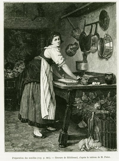 Nuudelin valmistus. Hildibrandin kaiverrus havainnollistamaan tarinaa A läpi Alsacen ja Lorraine, vuonna 1887, Charles Grad, saksalainen deputer, tour du monde 1888, ohjaaja Edouard Charton (1807-1890), Hachette, Pariisi. tekijältä Adolf von Hildebrand