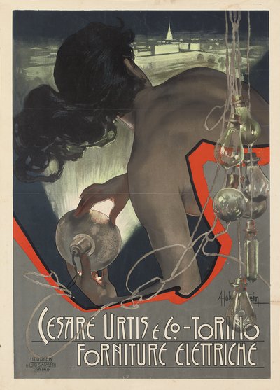 Mainosjuliste valmistettu italialaiselle valaistusyritykselle Cesare Urtis & Co., Torino, 1889 tekijältä Adolfo Hohenstein