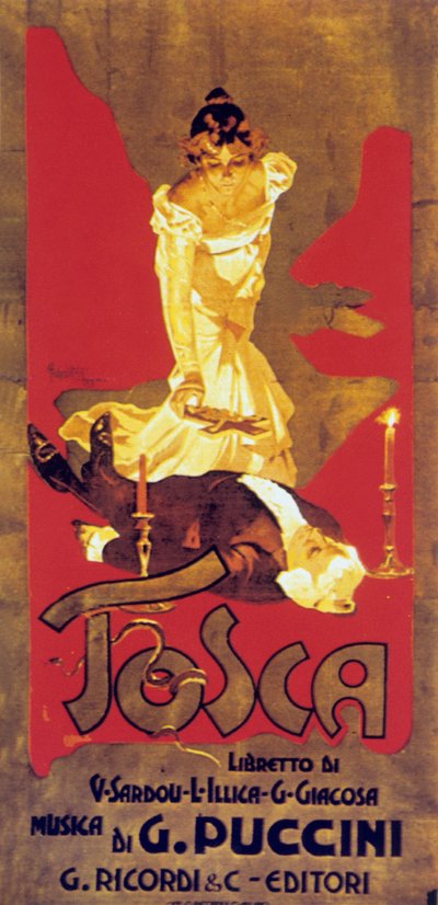Adolf Hohensteinin kansikuva Giacomo Puccinin oopperan Tosca partituurista tekijältä Adolfo Hohenstein