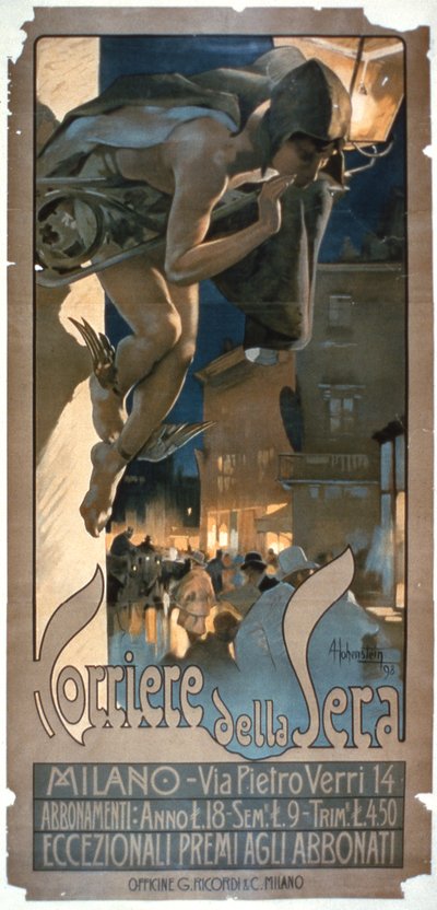 Corriere della Seraa mainostava juliste, painettu Milanossa, 1898 tekijältä Adolfo Hohenstein
