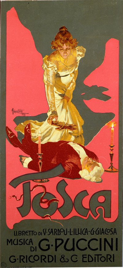Liberty-tyylinen juliste Giacomo Puccinin (1858-1924) oopperaan "La Tosca" 1906 Dim. 30x13,5 cm Kuvitus: Adolfo Hohenstein (1854-1928) Milanon yksityinen kokoelma tekijältä Adolfo Hohenstein