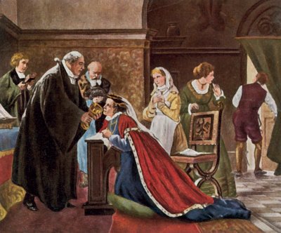 Kruununvouti Elisabeth ehtoollisella protestanttisen riitin mukaan (tehostettu värilitografia). tekijältä Adolph (after) Treidler
