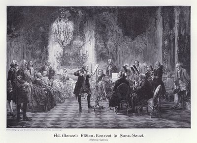 Huilukonsertti Sanssoucin palatsissa, Potsdam, Preussi (kaiverrus) tekijältä Adolph Friedrich Erdmann von (after) Menzel