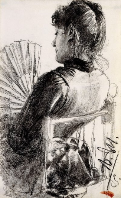 Nainen tuulettimen kanssa, 1885 tekijältä Adolph Menzel