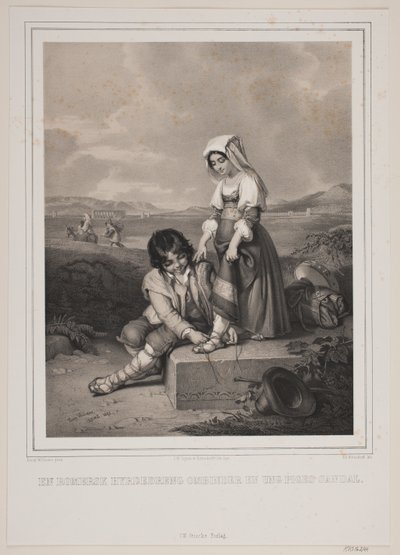 Rooman paimenpoika sitoo nuoren tytön sandaalit. tekijältä Johan Adolph Kittendorff