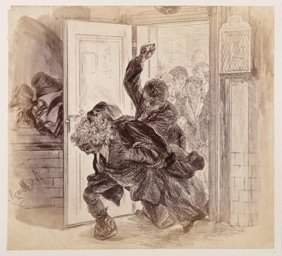 Ruprechtin pahoinpitelemä Adam ryntää ulos oikeussalista, Eve ja muut seuraavat tapahtumaa taustalla; Heinrich von Kleistin teoksen ”Der zerbrochene Krug” mukaan tekijältä Adolph Menzel
