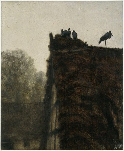 Haikaran pesä olkikaton päällä. Teoksesta ”Lastenalbumi” tekijältä Adolph Menzel