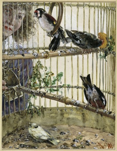 Pääskyt ja kanarialintu teoksessa *Bauer*. Teoksesta *Kinderalbum* tekijältä Adolph Menzel
