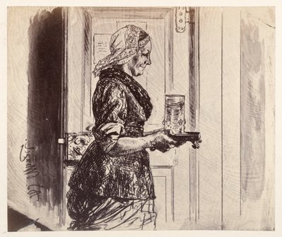 Palvelustyttö astuu oikeussaliin kantaen lasillista vettä, jonka Adam oli tilannut, Heinrich von Kleistin teoksesta ”Rikkoutunut kannu” tekijältä Adolph Menzel