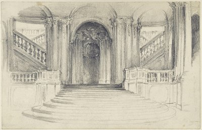 Dresdenin Zwingerin Wallpavillonin pihaan johtava portaikko tekijältä Adolph Menzel