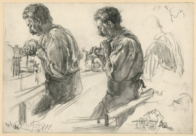 Sorvaaja työpöydän ääressä, kaksi luonnosta ja yksityiskohtia tekijältä Adolph Menzel