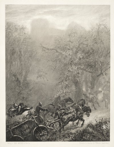 Essee kivestä harjalla ja kaavinella: Vankien saattue metsän läpi, 1851. tekijältä Adolph Menzel