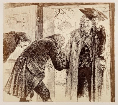 Tuomari Walter astuu ovesta sisään oikealta, nostaen ystävällisesti hattuaan, ja Adam ja Licht tervehtivät häntä kunnioittavasti. Heinrich von Kleistin teoksesta ”Rikkoutunut kannu” tekijältä Adolph Menzel