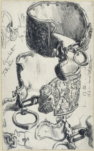 1700-luvun ”jättiläisen” koiran kaulapanta kahdessa näkymässä ja yksityiskohtaisina piirroksina, Historiallinen museo, Dresden tekijältä Adolph Menzel