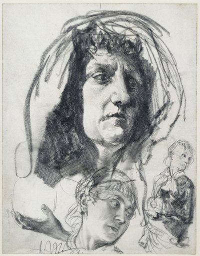 Vanhemman naisen pää, jossa on huivi; nuoremman naisen luonnokset, joissa on melonihattu. ”Piazza d’Erbe” -teoksen malliluonnokset tekijältä Adolph Menzel