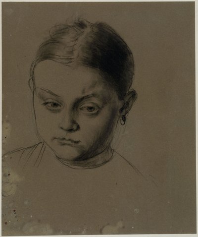 Tytön pää edestäpäin, pää hieman kumartuneena, korvakoru tekijältä Adolph Menzel