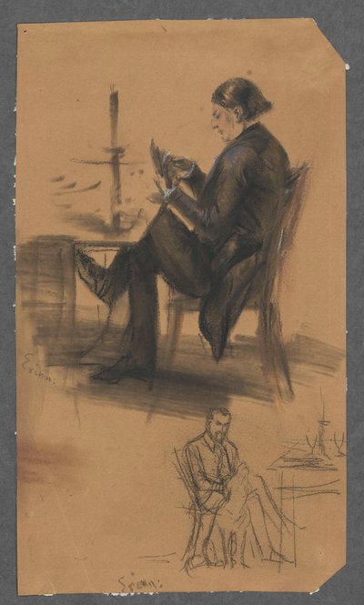 Mies, jolla on kortit kädessä, pelipöydän ääressä (ylhäällä); mies, joka istuu pöydän ääressä ja silittää koiraa (alhaalla) tekijältä Adolph Menzel