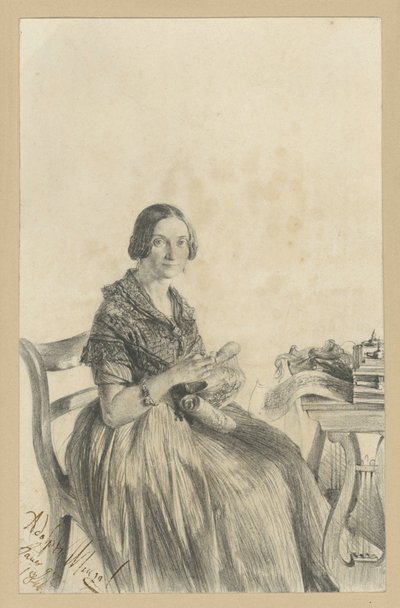 Pauline Martini, o.s. Dambke, istuu pöydän ääressä, katse suunnattuna katsojaan tekijältä Adolph Menzel