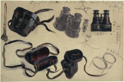 Tutkimus kenttämarsalkka kreivi von Moltken kiikareista, kotelo ja yksityiskohdat, mukana muistiinpanoja tekijältä Adolph Menzel