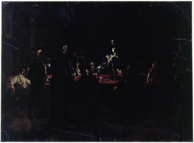Juoppoja suuren pöydän ympärillä ja laulaja tekijältä Adolph Menzel