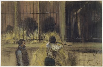 Kaksi eläintenhoitajaa petoeläintalon edessä tekijältä Adolph Menzel