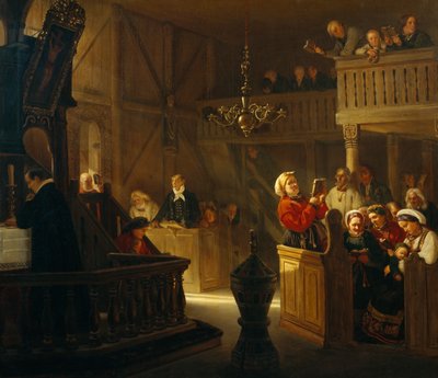 Jumalanpalvelus norjalaisessa maakirkossa tekijältä Adolph Tidemand